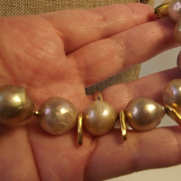 Baroque Pearl & Gold Tone Beaded Necklace on Leather Cord - Picture 4 of 8